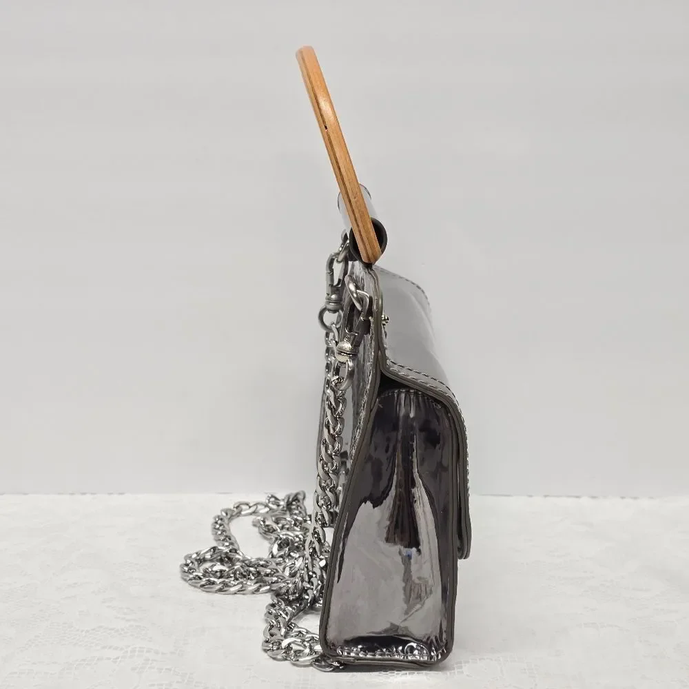 Abbie & Emmie Silver Faux Leather Wooden Handle Satchel With Shoulder Chain